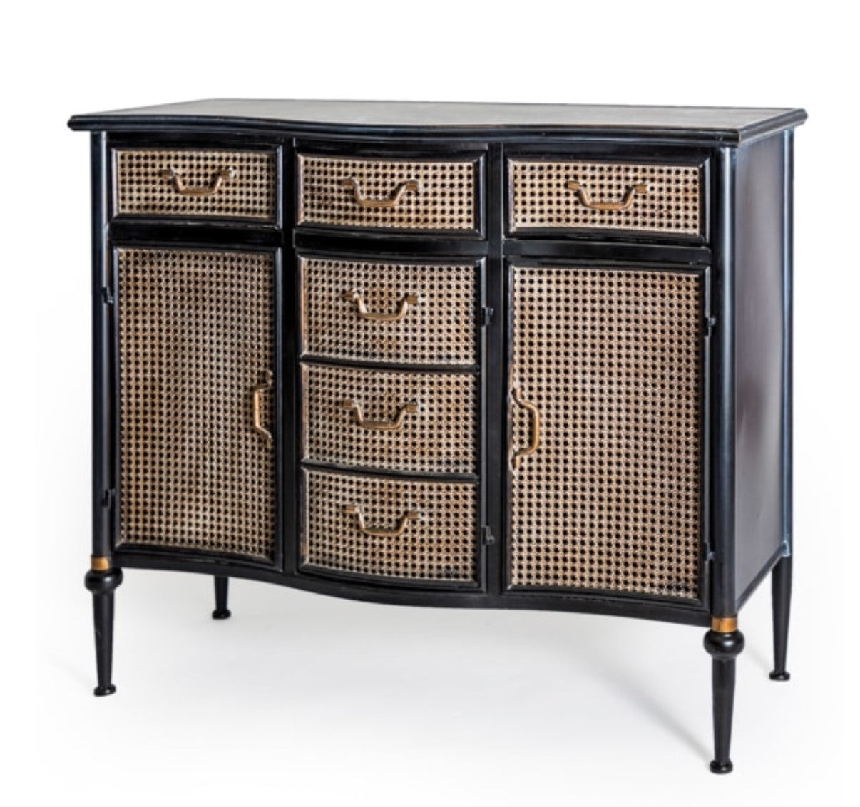 Antiqued Black Side Cabinet with Metal Rattan Cupboards