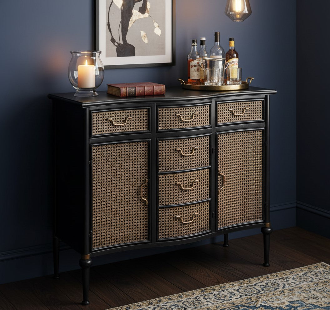 Antiqued Black Side Cabinet with Metal Rattan Cupboards