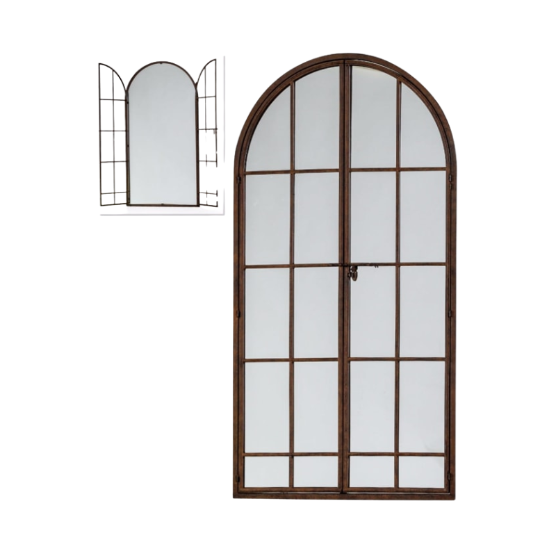 Antiqued Iron Large Arch Window Metal Mirror
