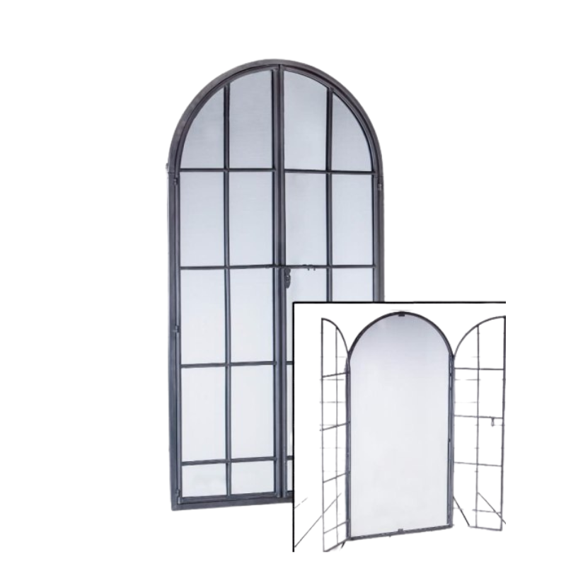 Antiqued Lead Grey Iron Large Arch Window Metal Mirror