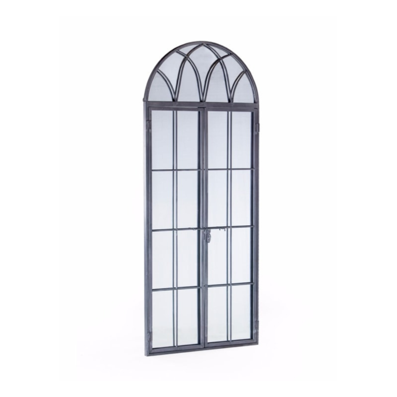 Antiqued Lead Grey Iron Tall Arch Window Metal Mirror