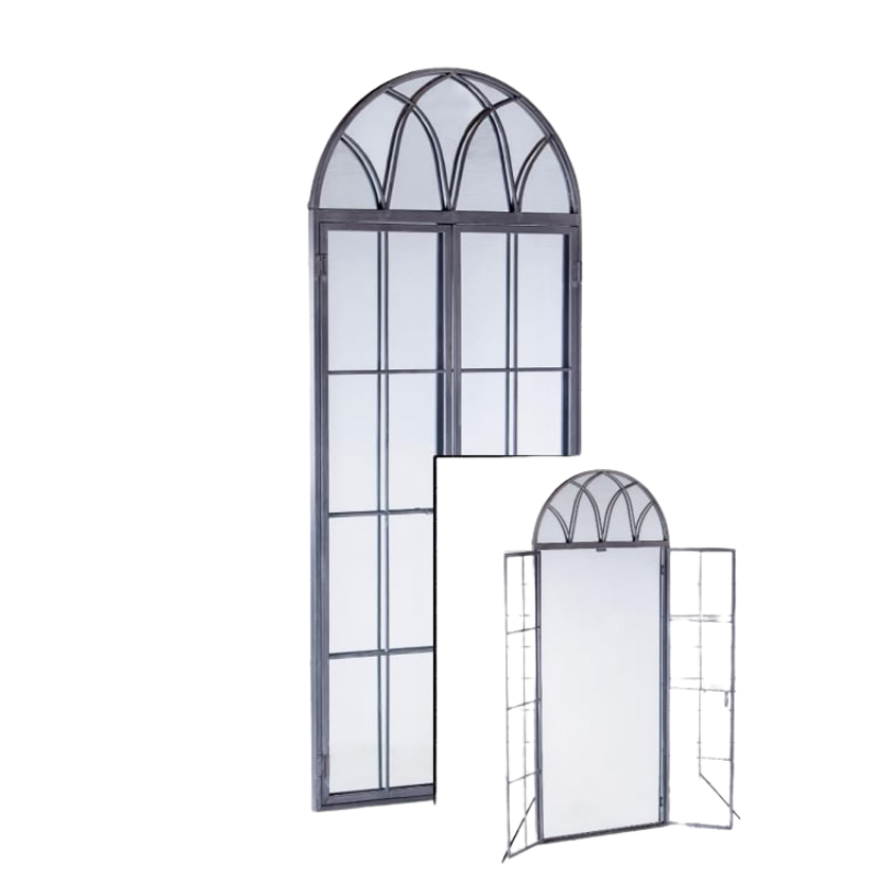 Antiqued Lead Grey Iron Tall Arch Window Metal Mirror