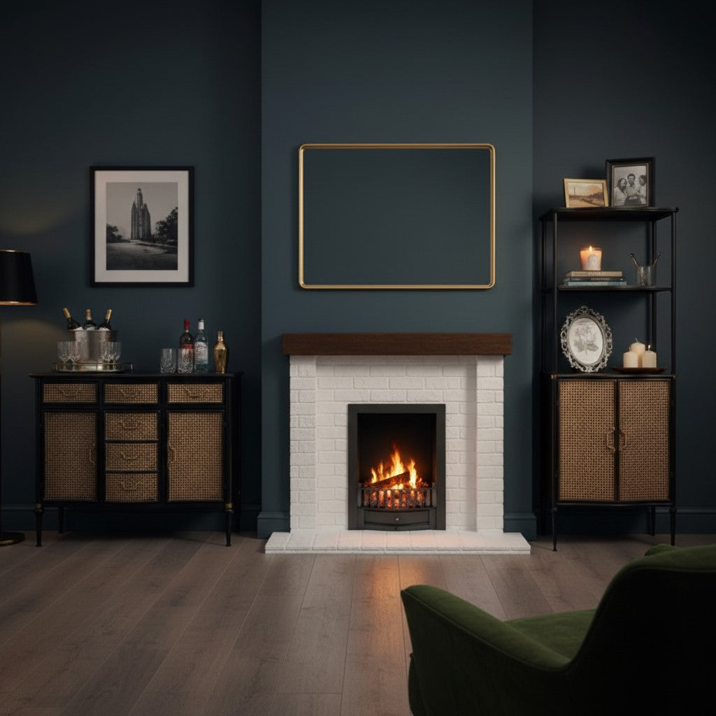 Antiqued Black Side Cabinet with Metal Rattan Cupboards
