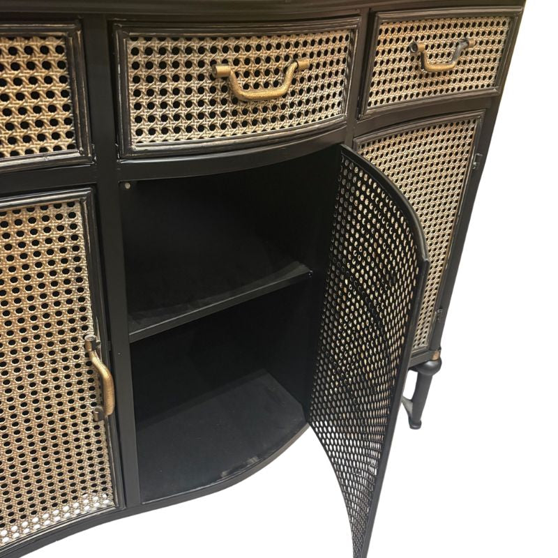 Antiqued Black Side Cabinet with Metal Rattan Cupboards