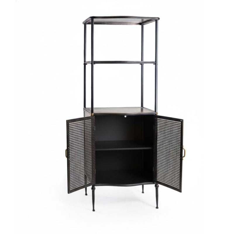 Antiqued Black Tall Cupboard Shelf Unit with Metal Rattan Doors