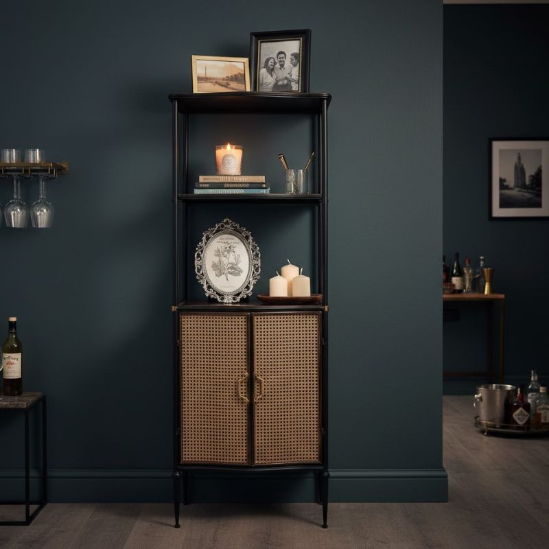 Antiqued Black Tall Cupboard Shelf Unit with Metal Rattan Doors