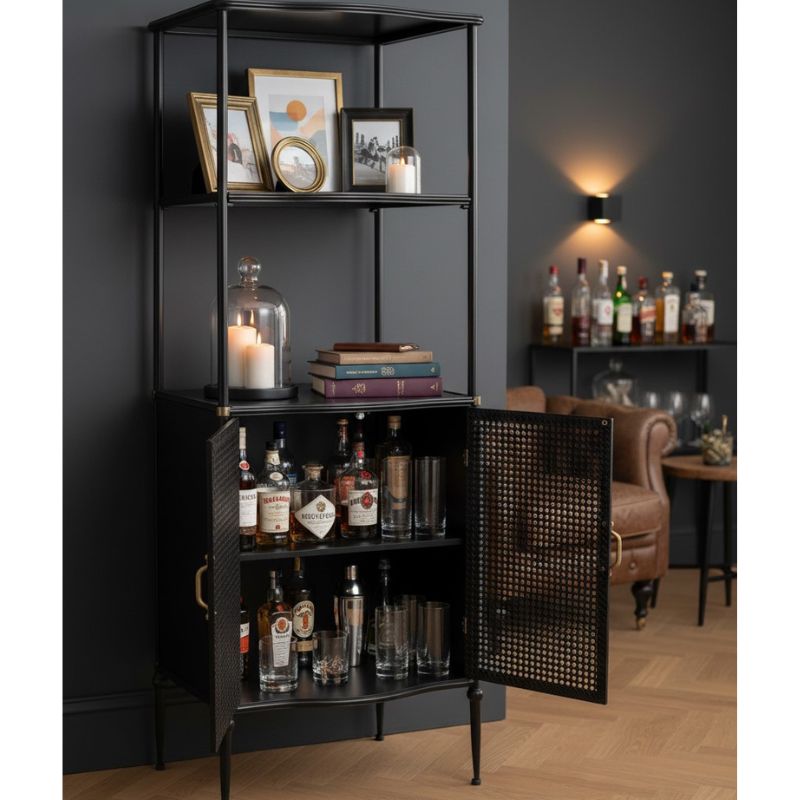 Antiqued Black Tall Cupboard Shelf Unit with Metal Rattan Doors