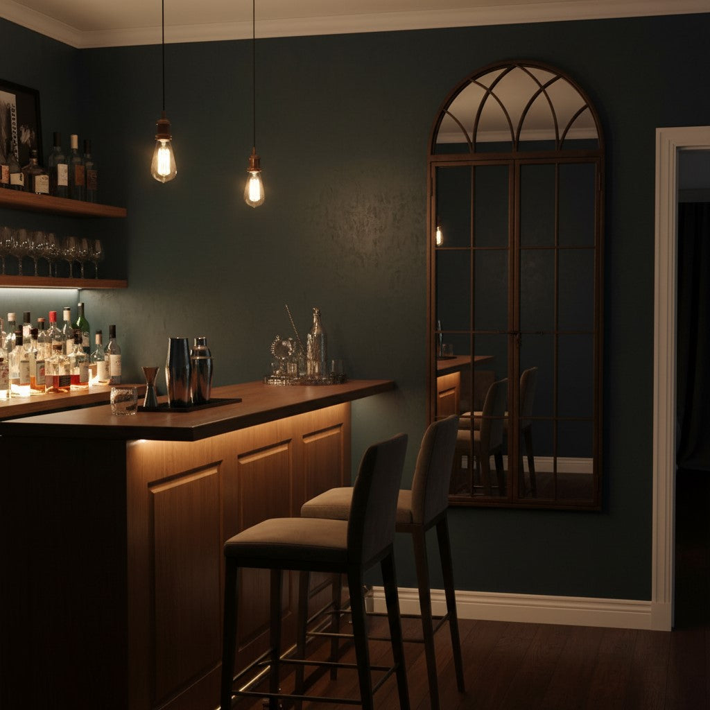 Antiqued Iron Tall Arch Window Metal Mirror