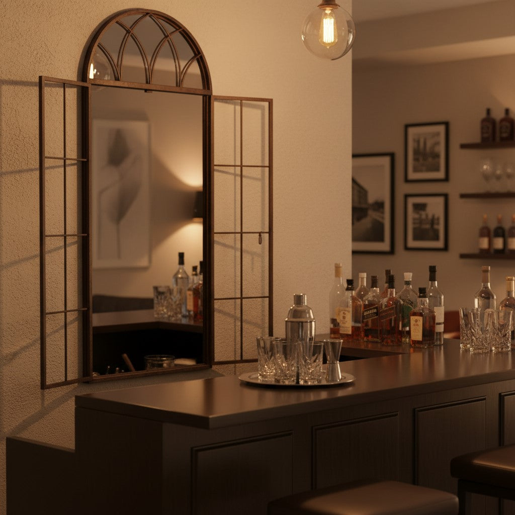 Antiqued Iron Tall Arch Window Metal Mirror