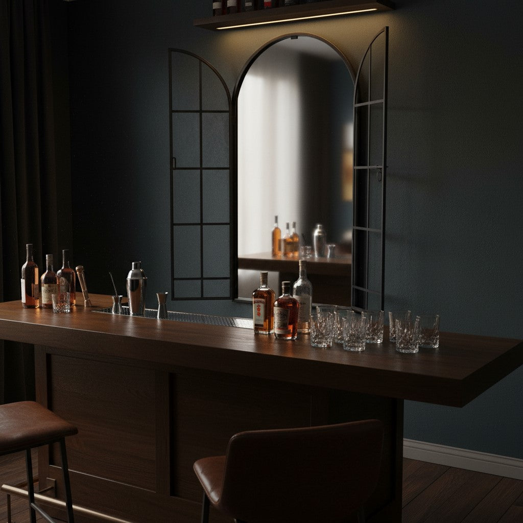 Antiqued Lead Grey Iron Large Arch Window Metal Mirror