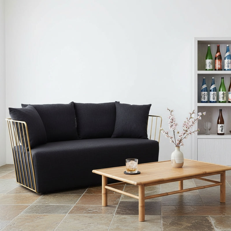 Azalea Two-Seat Sofa – Black Fabric & Gold Steel