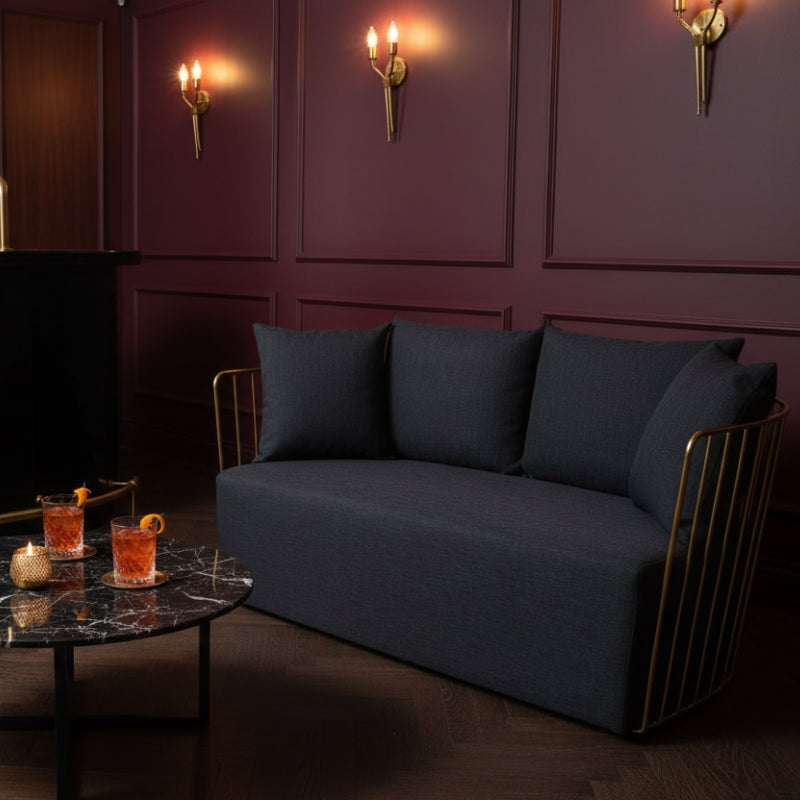 Azalea Two-Seat Sofa – Black Fabric & Gold Steel