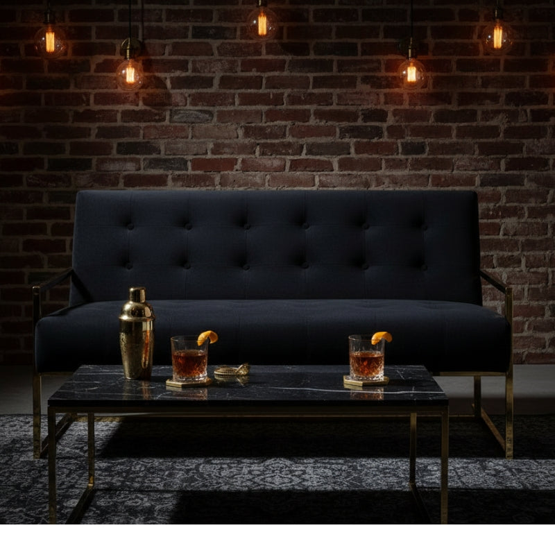 Azalea Two-Seat Sofa – Black Velvet & Gold Steel