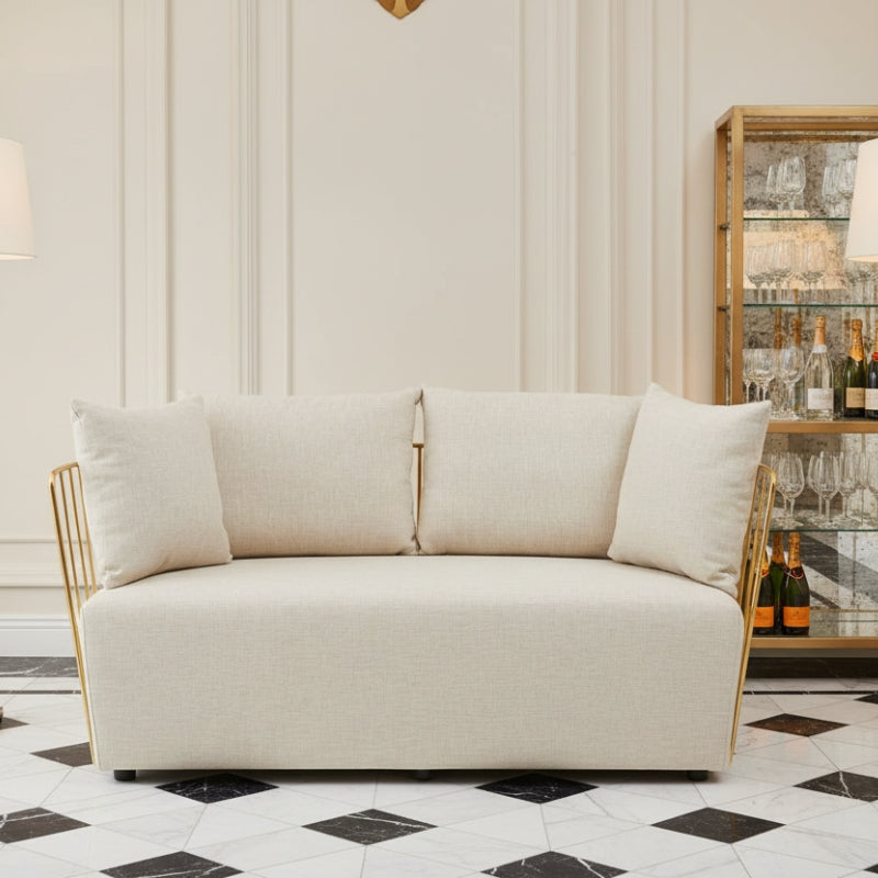 Azalea Two-Seat Sofa – Natural Fabric & Gold Steel