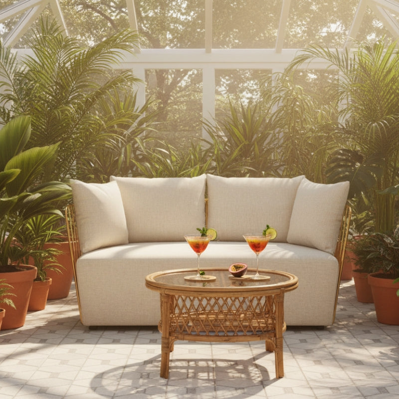 Azalea Two-Seat Sofa – Natural Fabric & Gold Steel