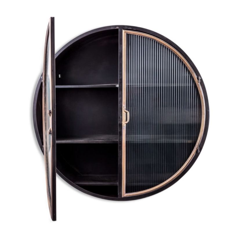 Black and Antique Gold "Orwell" Large Round Metal Wall Cabinet