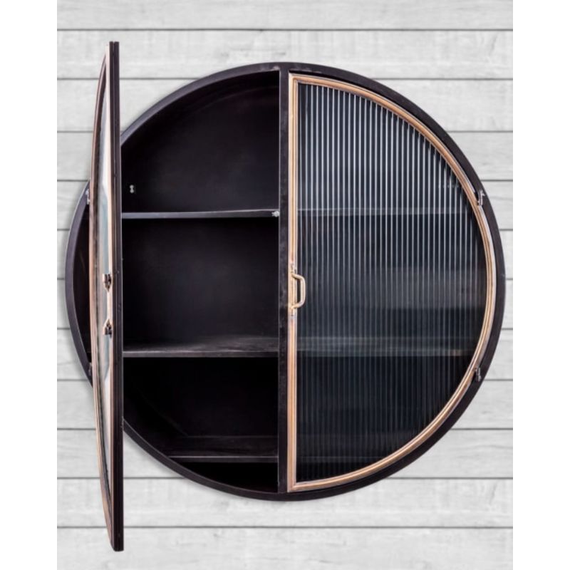Black and Antique Gold "Orwell" Large Round Metal Wall Cabinet
