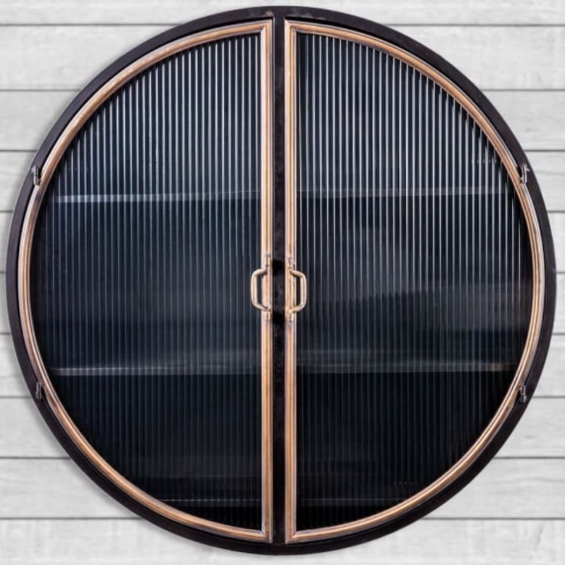Black and Antique Gold "Orwell" Large Round Metal Wall Cabinet