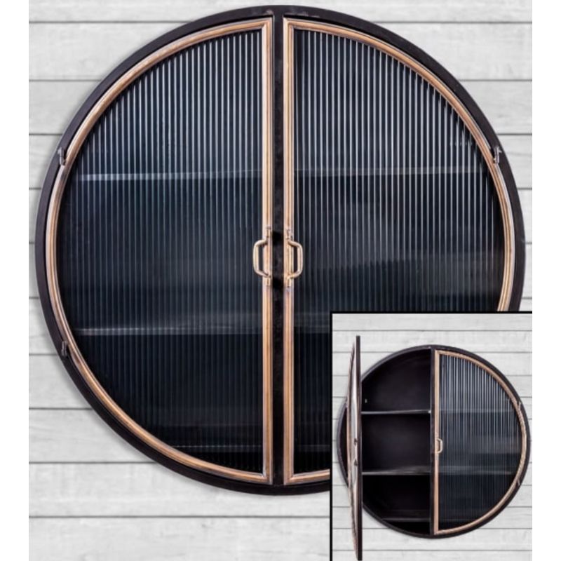 Black and Antique Gold "Orwell" Large Round Metal Wall Cabinet