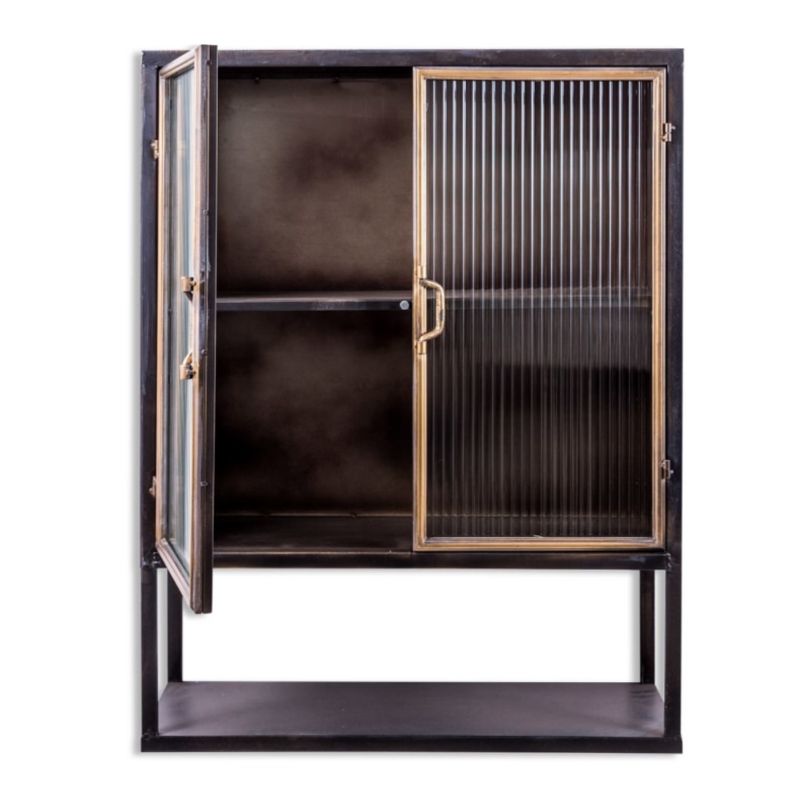 Black and Antique Gold "Orwell" Square Metal Wall Cabinet with Shelf