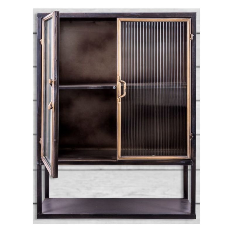 Black and Antique Gold "Orwell" Square Metal Wall Cabinet with Shelf