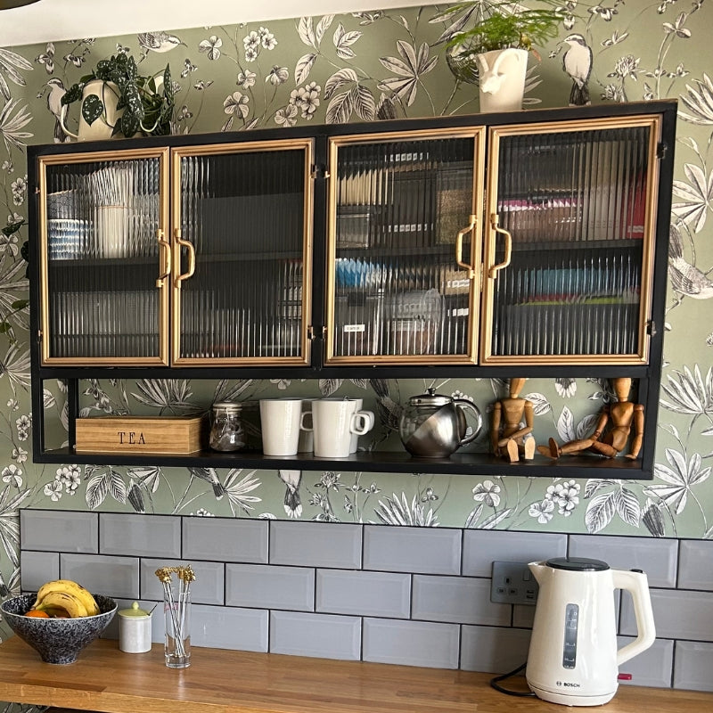 Black and Antique Gold "Orwell" Wide Metal Wall Cabinet with Shelf