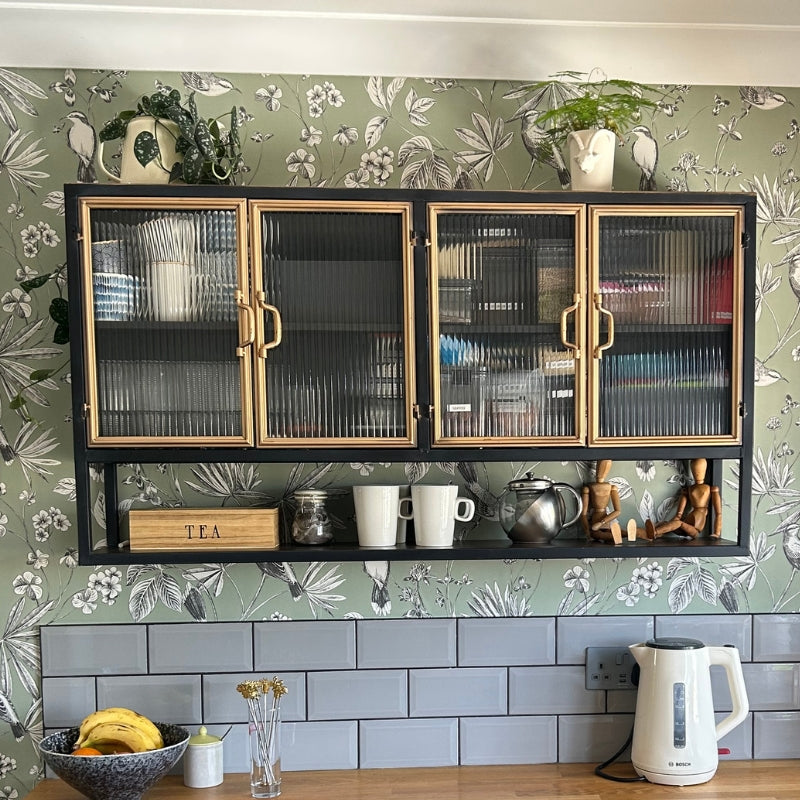 Black and Antique Gold "Orwell" Wide Metal Wall Cabinet with Shelf