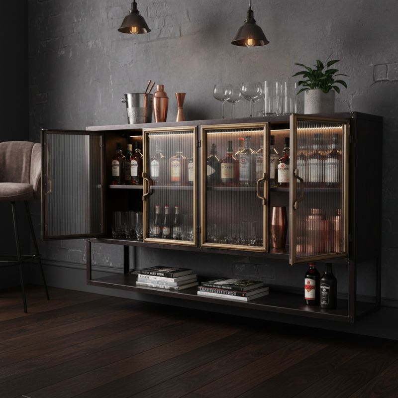 Black and Antique Gold "Orwell" Wide Metal Wall Cabinet with Shelf