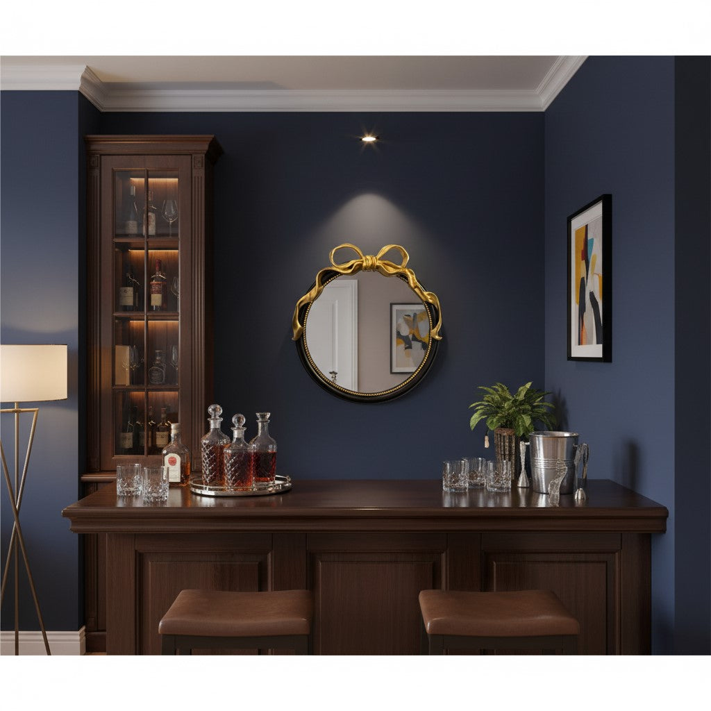Black with Gold Bow Round Wall Mirror