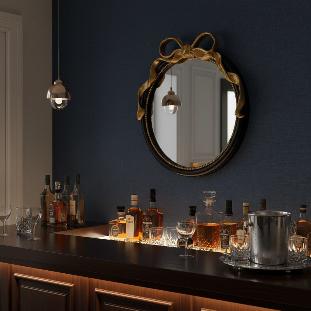 Black with Gold Bow Round Wall Mirror