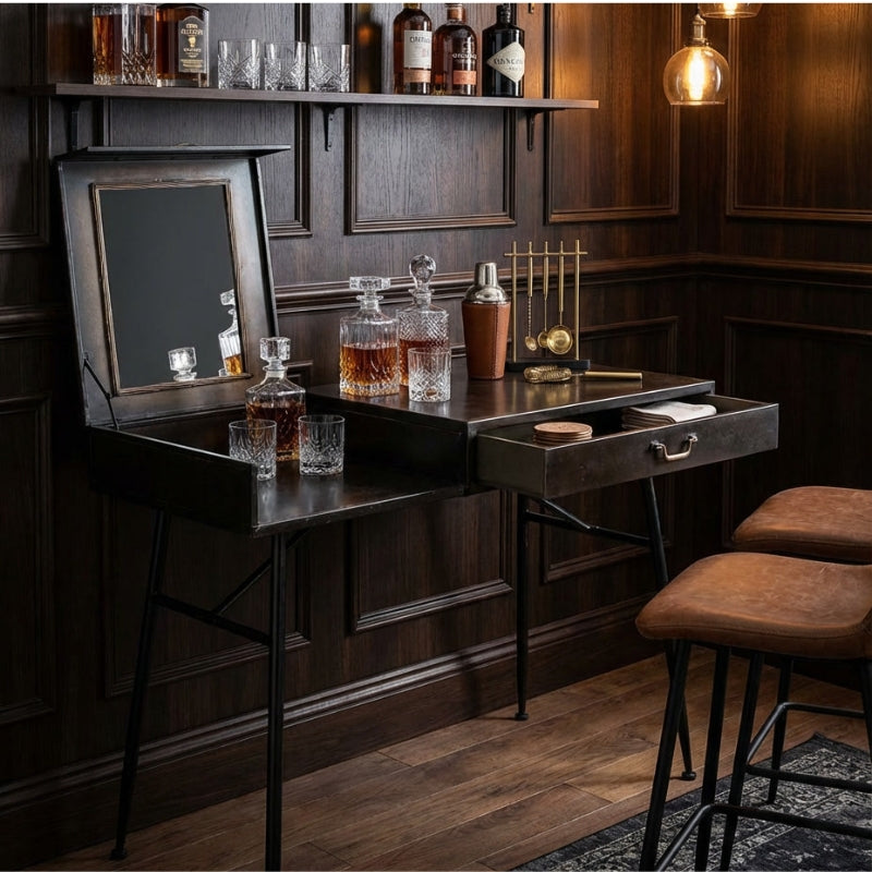 Black and Antique Gold "Orwell" Desk with Concealed Vanity Mirror