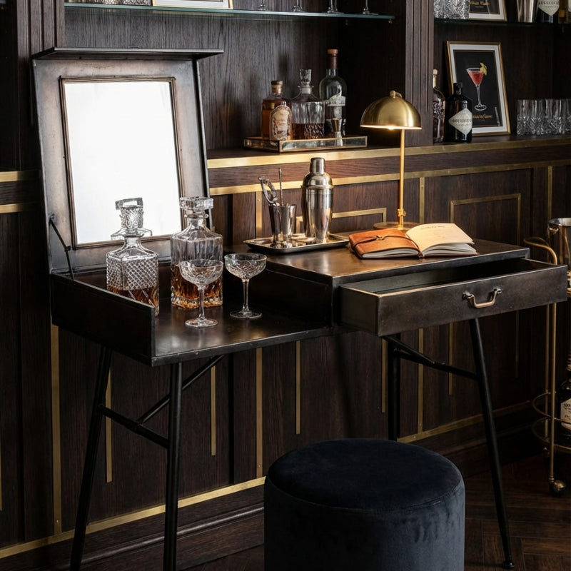 Black and Antique Gold "Orwell" Desk with Concealed Vanity Mirror