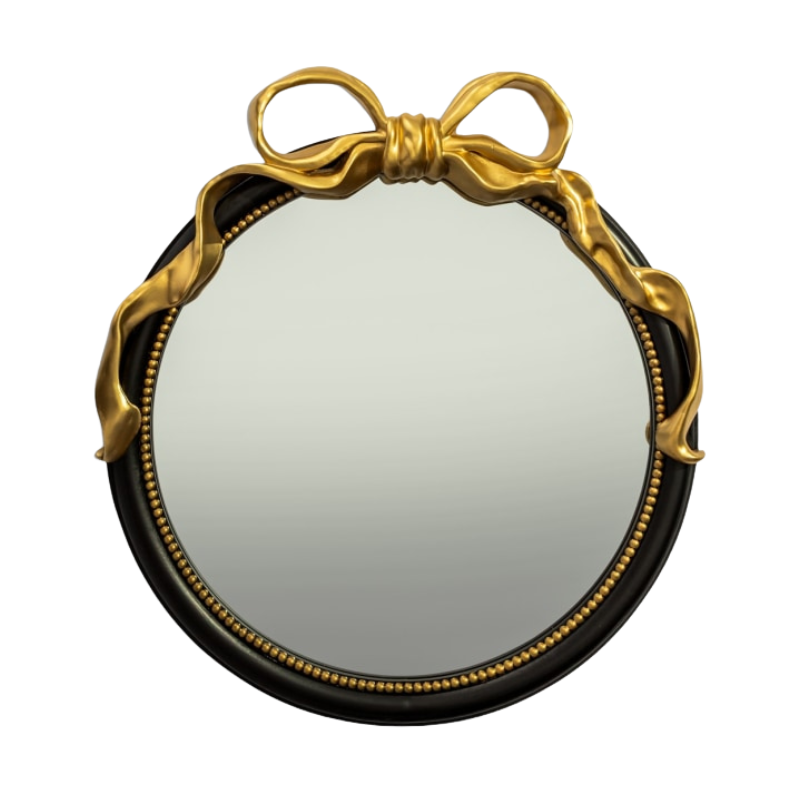 Black with Gold Bow Round Wall Mirror