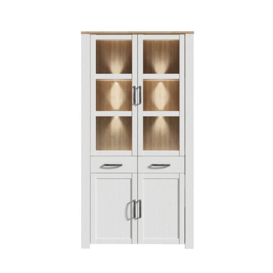 Bohol Display Cabinet 4 Door 1 Drawer in Oak/White with Optional LED Lighting
