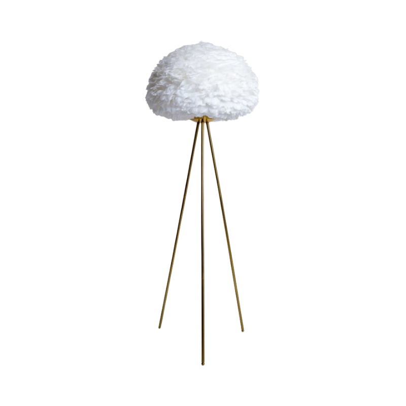 Brushed Brass Tripod Floor Lamp with White Feather Shade