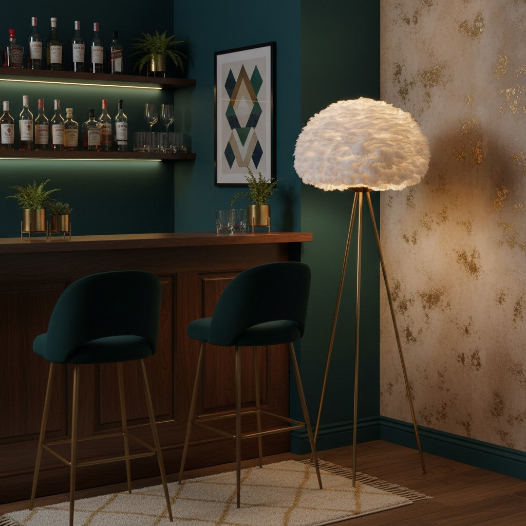 Brushed Brass Tripod Floor Lamp with White Feather Shade