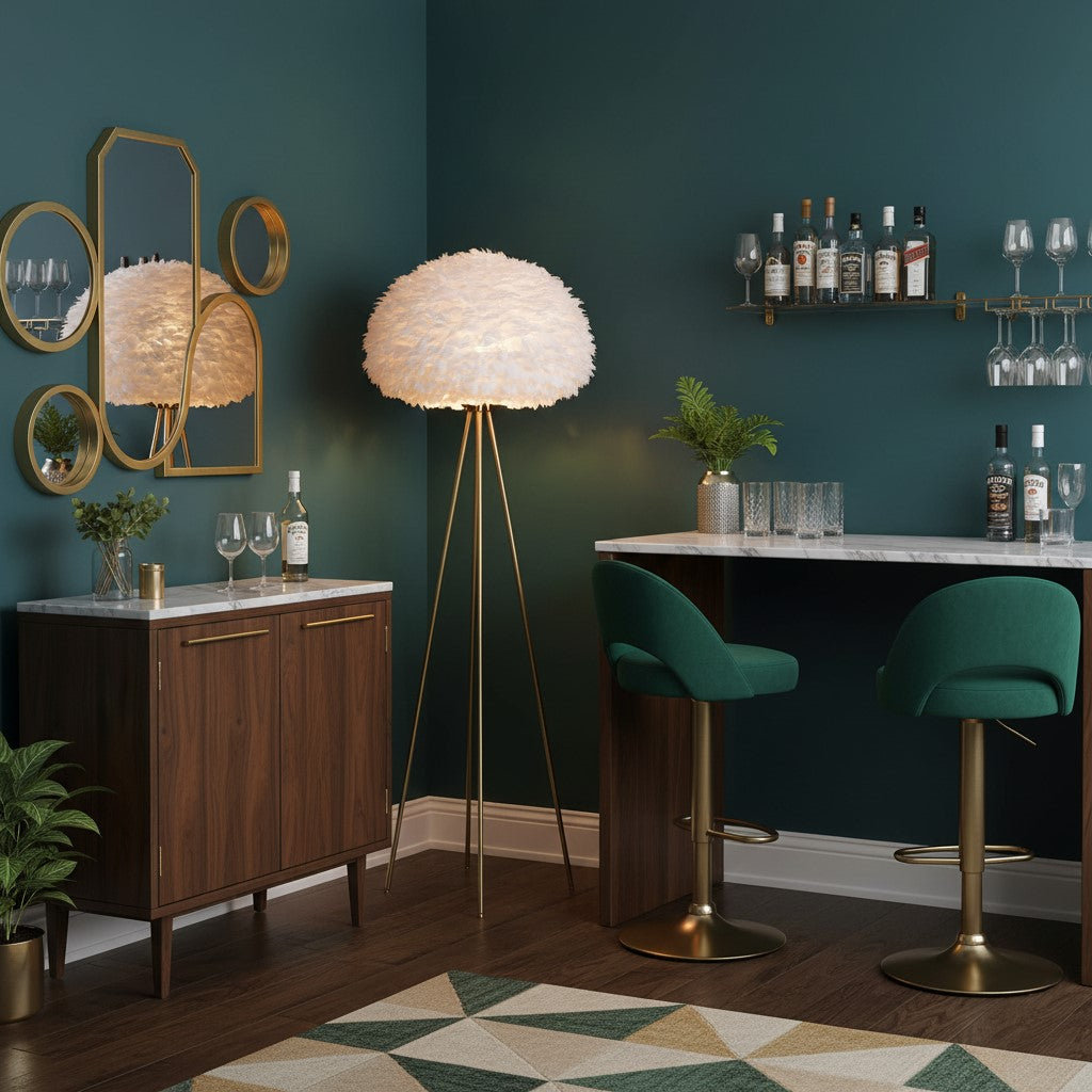 Brushed Brass Tripod Floor Lamp with White Feather Shade