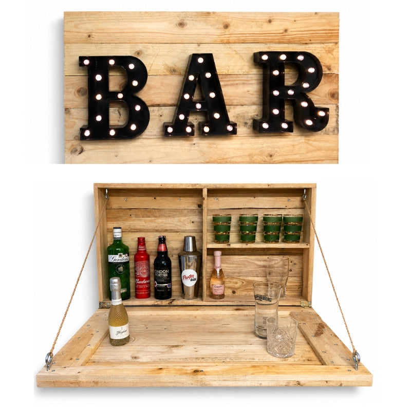 Rustic Wooden Drop Down Bar with Light Up Sign