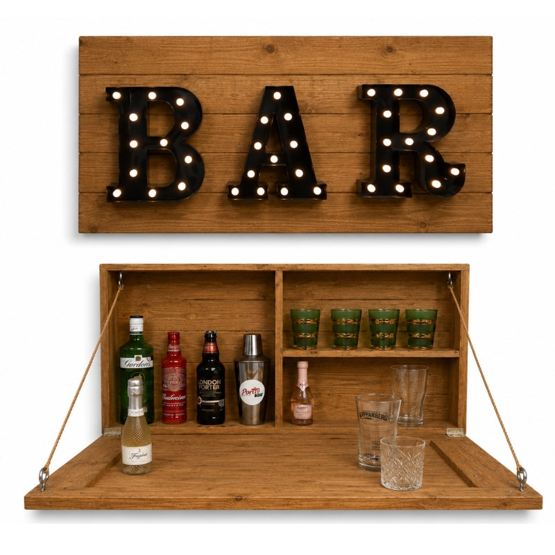 Rustic Wooden Drop Down Bar with Light Up Sign