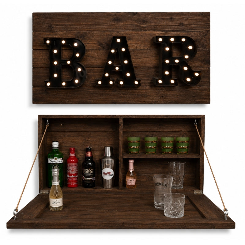 Rustic Wooden Drop Down Bar with Light Up Sign