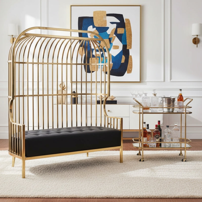 Eliza Dome Cage Sofa – Gold & Black Faux Leather