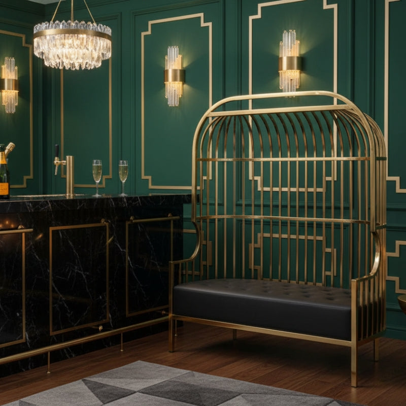 Eliza Dome Cage Sofa – Gold & Black Faux Leather