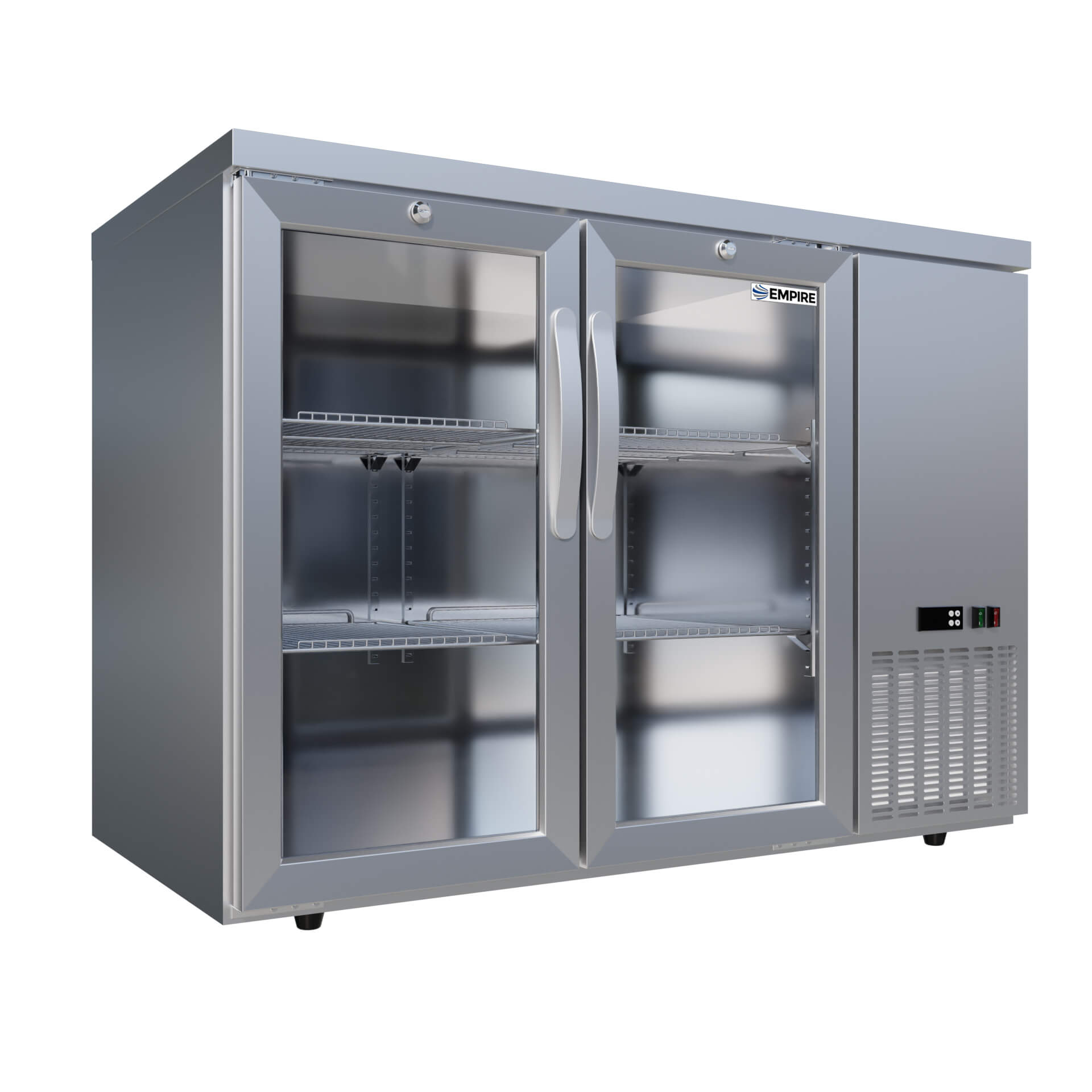 Empire High Capacity Stainless Steel Double Door Bottle Cooler Hinged Undercounter Low Height Side Cooling