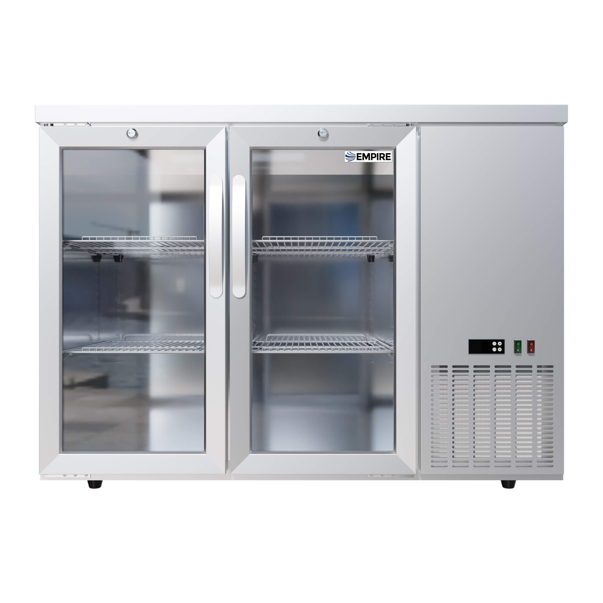 Empire High Capacity Stainless Steel Double Door Bottle Cooler Hinged Undercounter Low Height Side Cooling