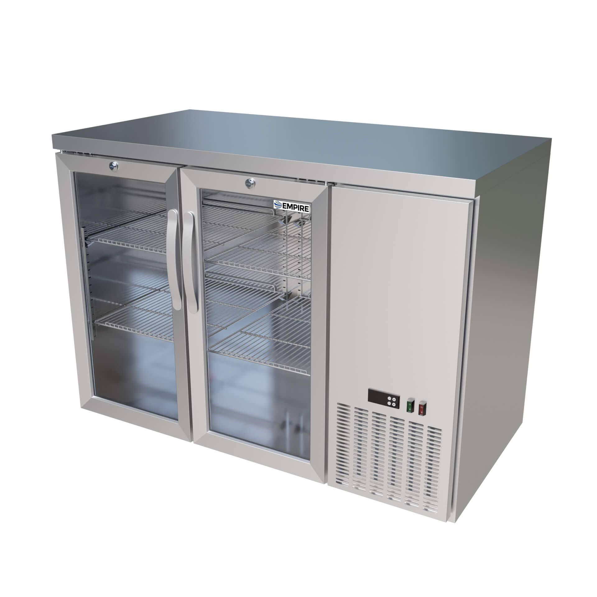 Empire High Capacity Stainless Steel Double Door Bottle Cooler Hinged Undercounter Low Height Side Cooling