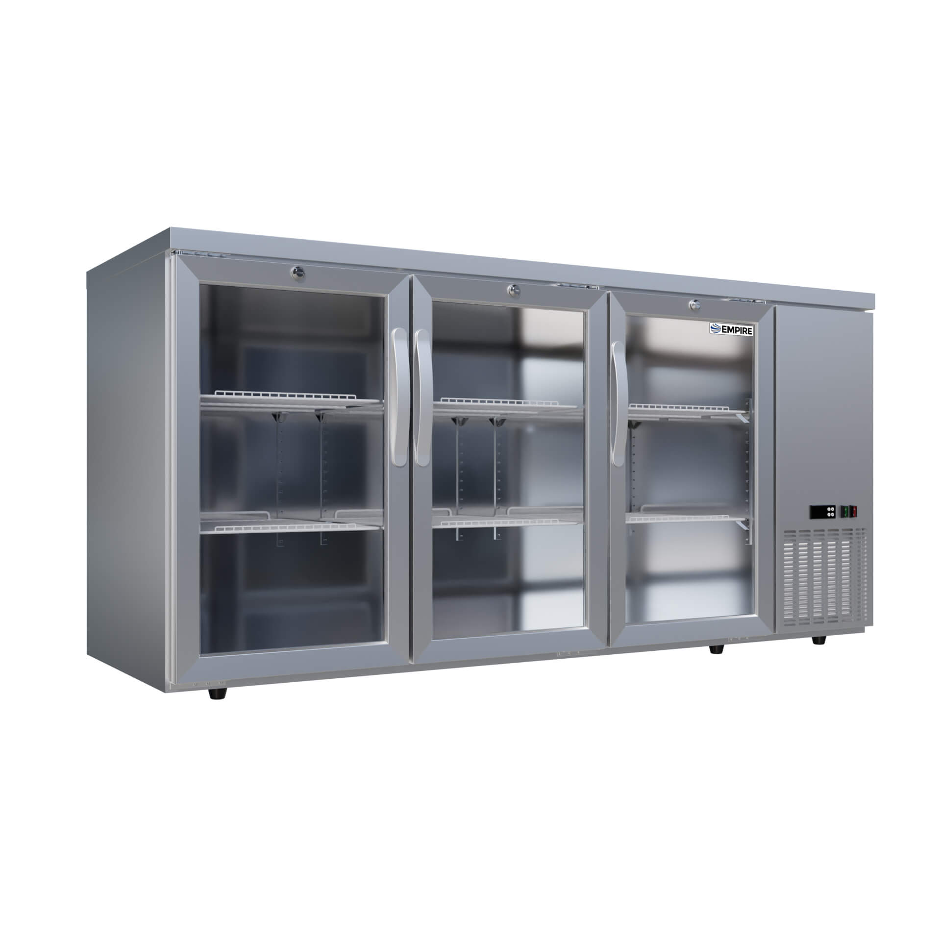 Empire High Capacity Stainless Steel Triple Door Bottle Cooler Hinged Undercounter Low Height Side Cooling