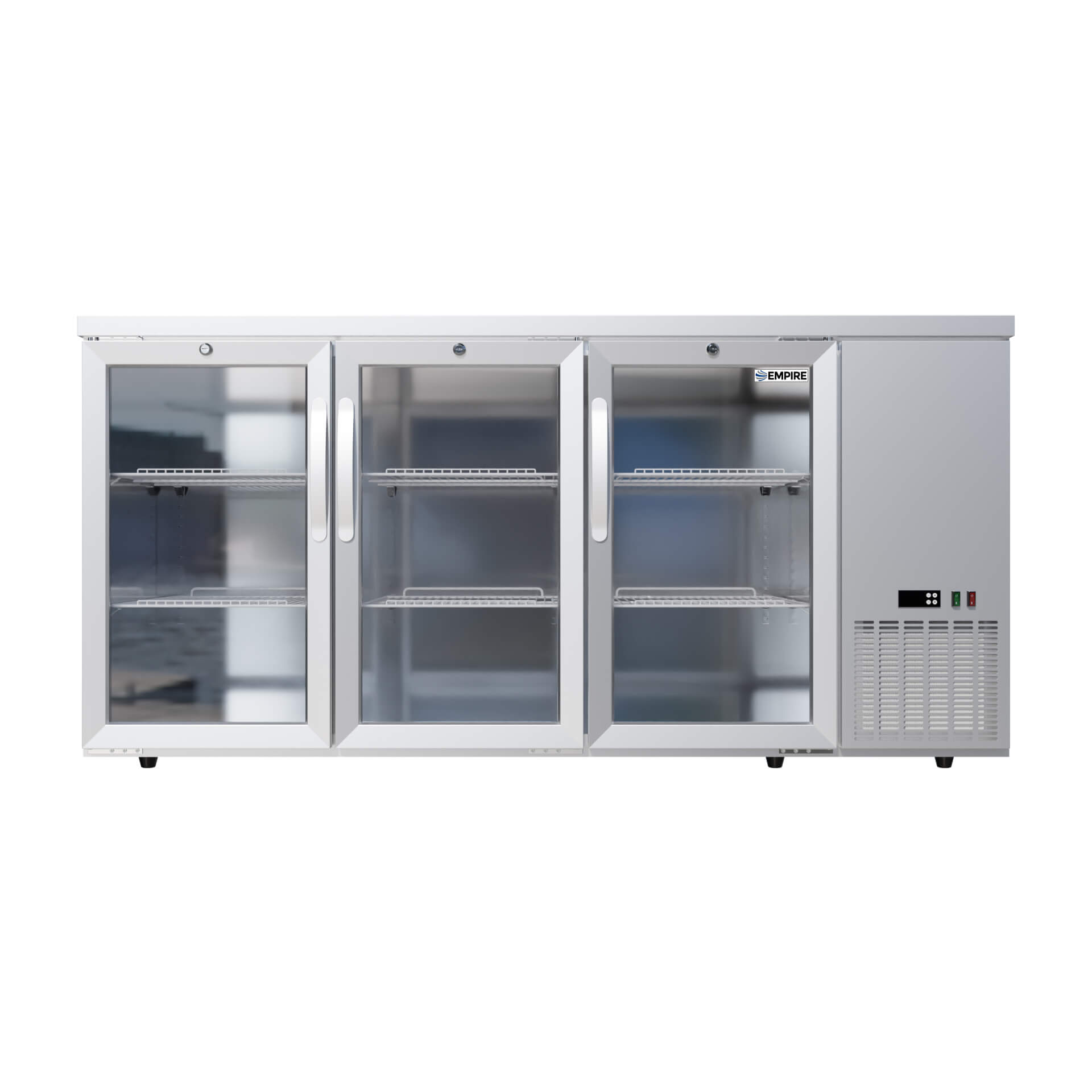 Empire High Capacity Stainless Steel Triple Door Bottle Cooler Hinged Undercounter Low Height Side Cooling