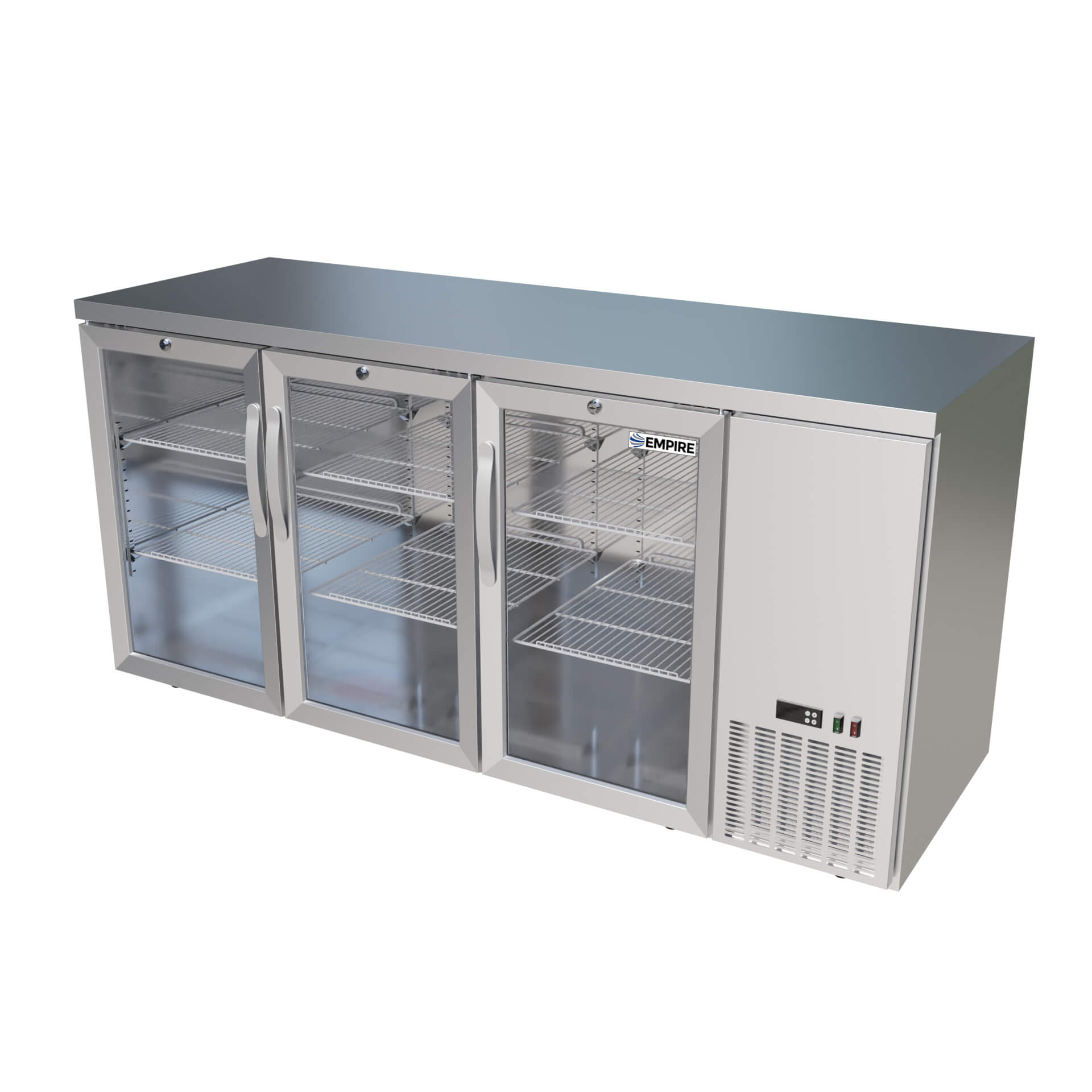 Empire High Capacity Stainless Steel Triple Door Bottle Cooler Hinged Undercounter Low Height Side Cooling