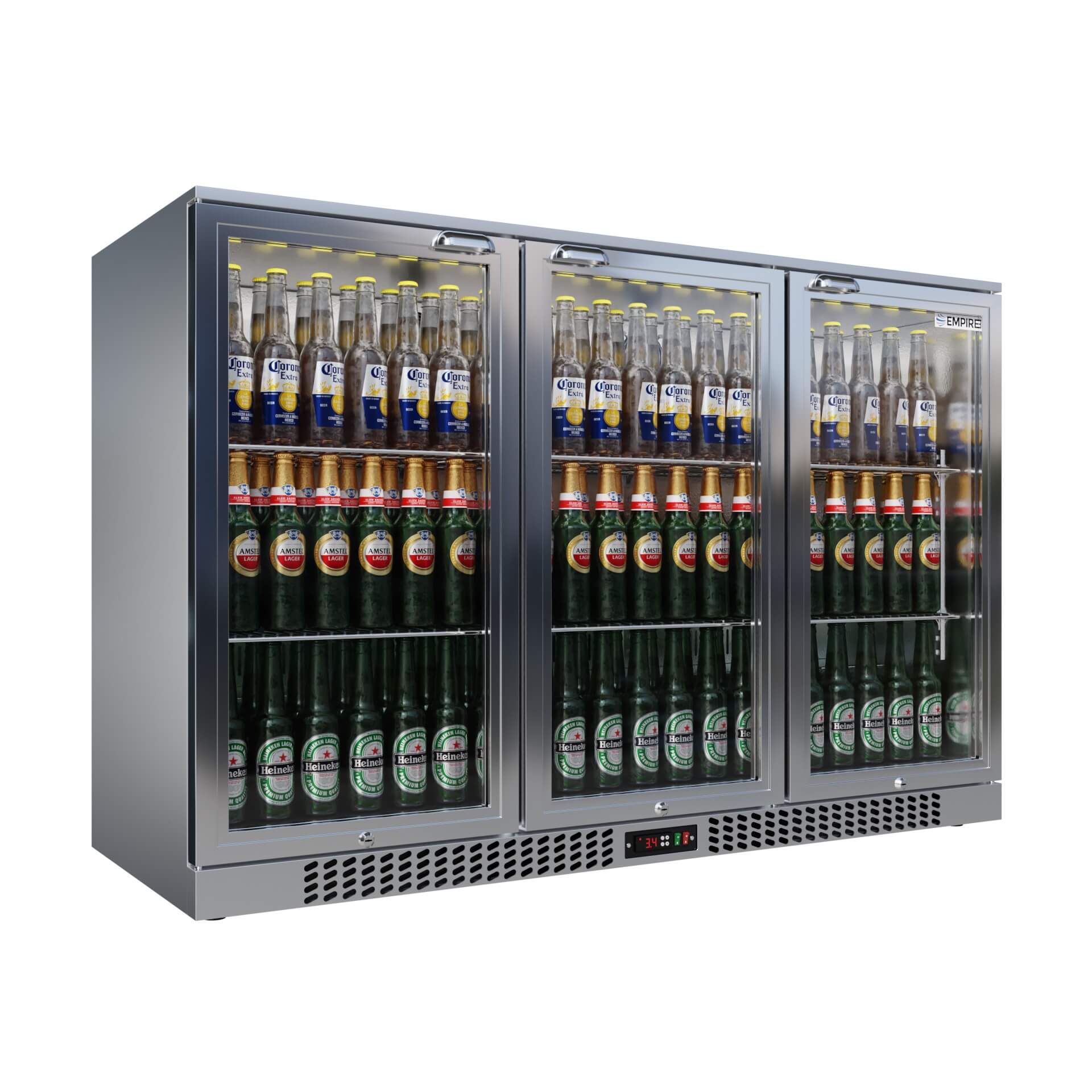 Empire Triple Door 330L Bottle Cooler – B Rated Stainless Steel Hinged Door Commercial Back Bar Fridge