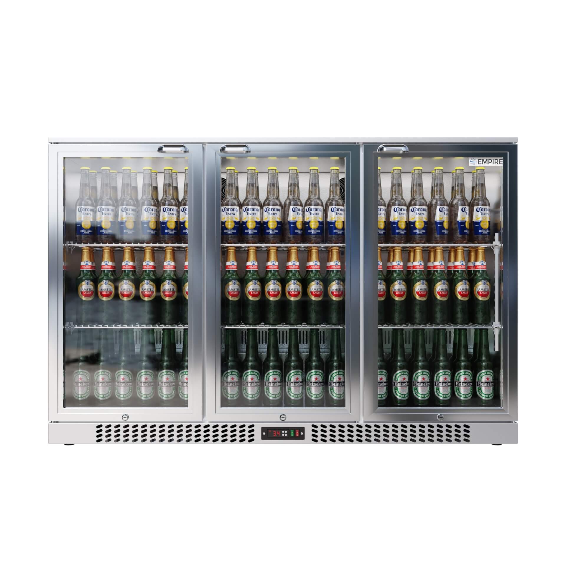Empire Triple Door 330L Bottle Cooler – B Rated Stainless Steel Hinged Door Commercial Back Bar Fridge